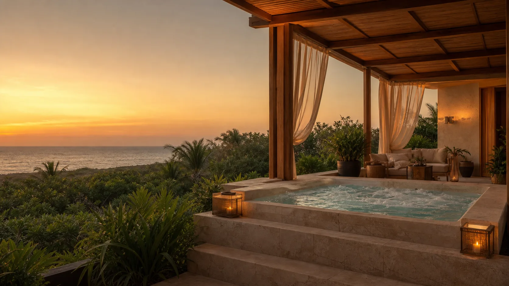 Jacuzzi y terraza tropical