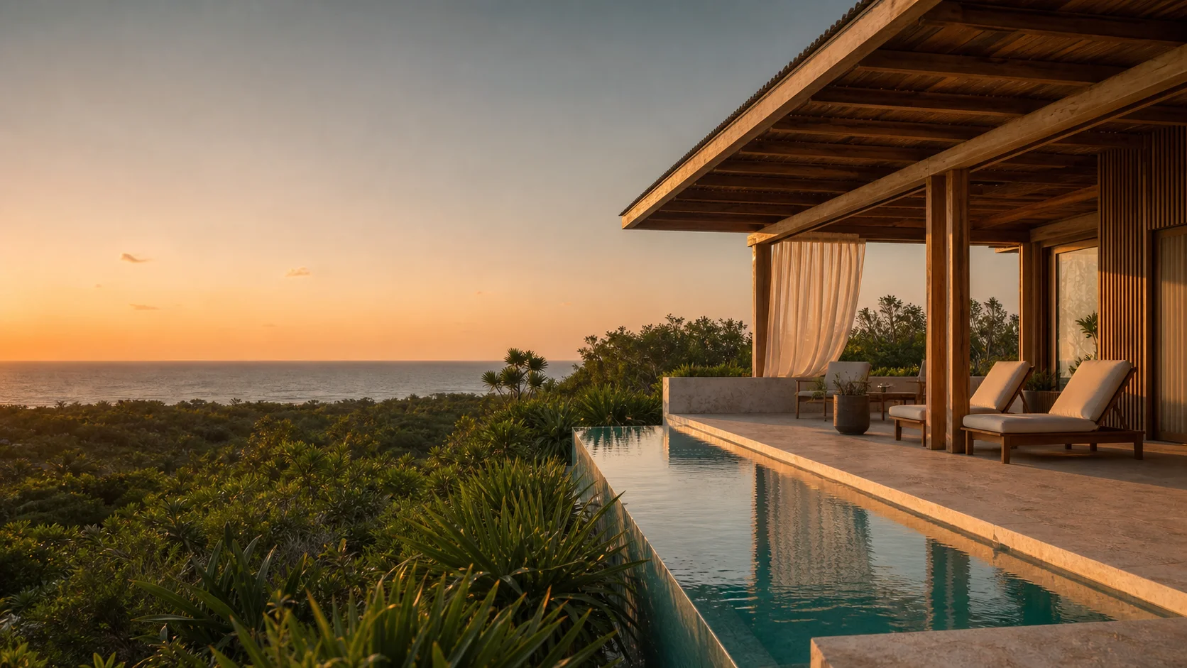 Imagen ilustrativa de una piscina tropical al atardecer