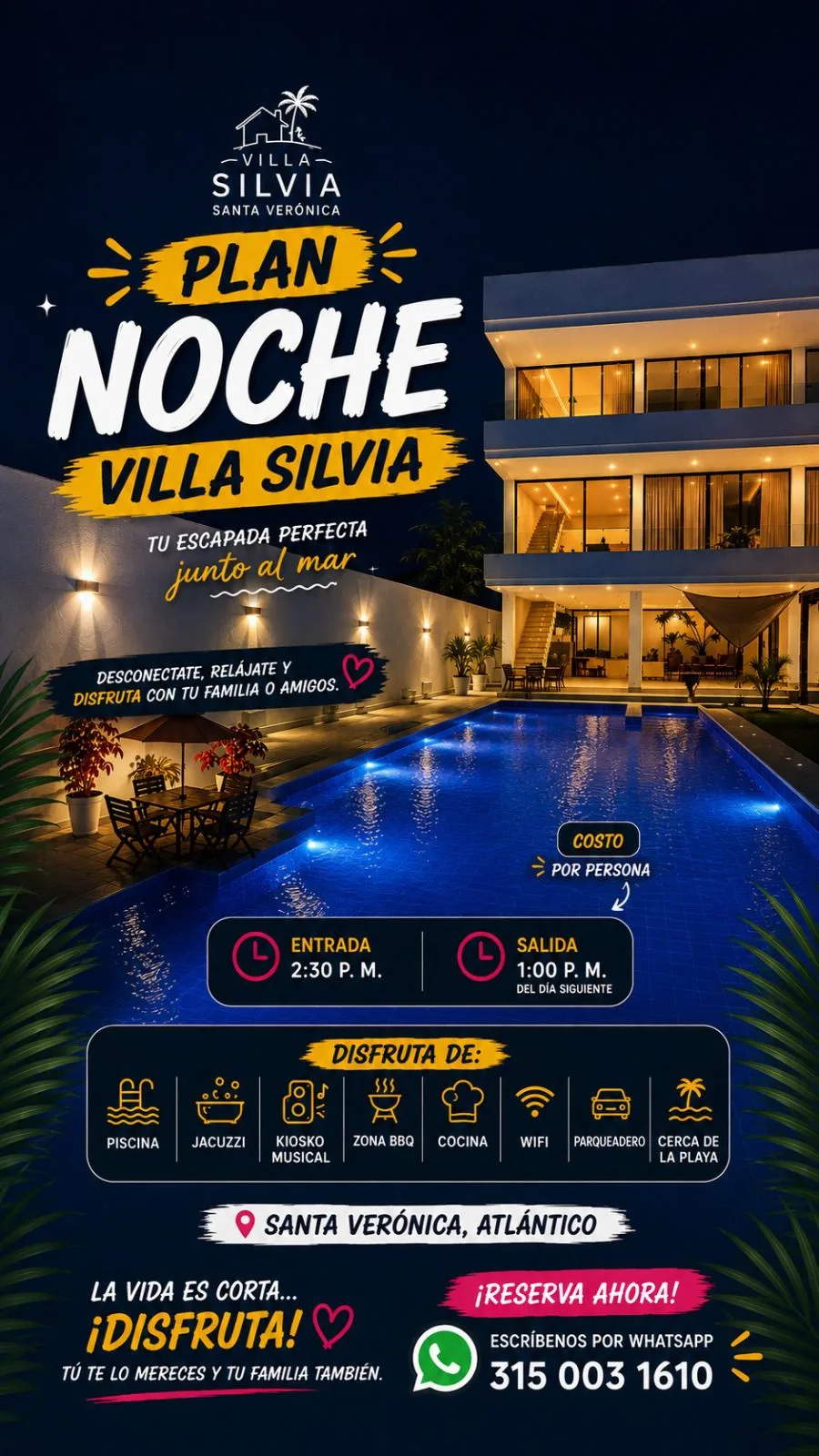 Villa Silvia illuminated facade at night